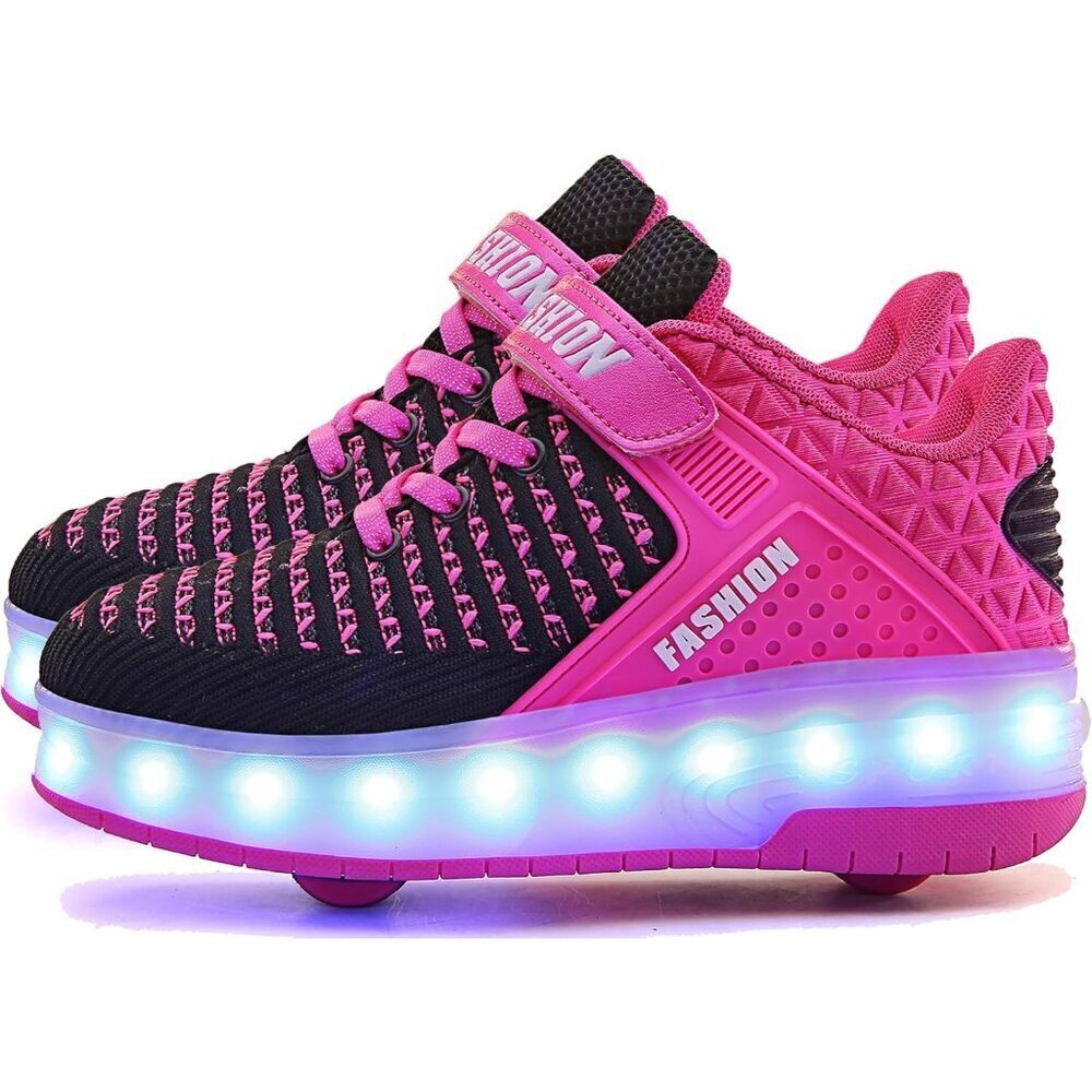 🆕 Men Pink USB Chargable LED Light Up Roller Wheeled Skate Sneaker Shoes Kids